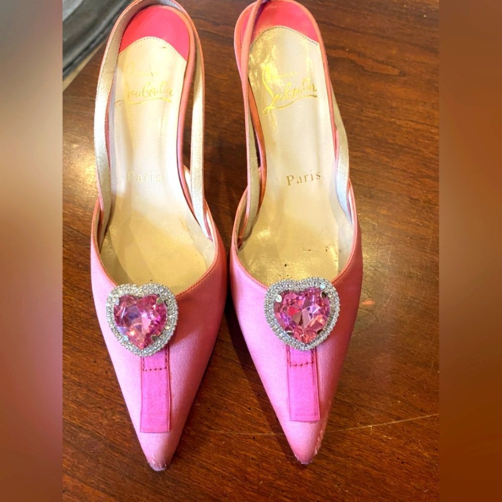 Christian Louboutin Paris Designer heel stiletto strap Pink Heart Flower 37.5